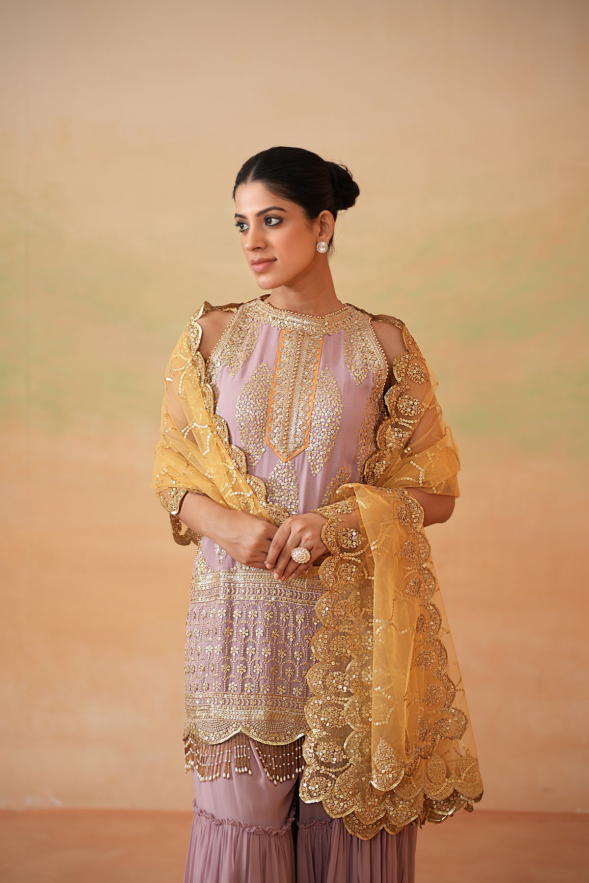 Mauve Ready Fabric Kurti, Garara And Mustard Dupatta