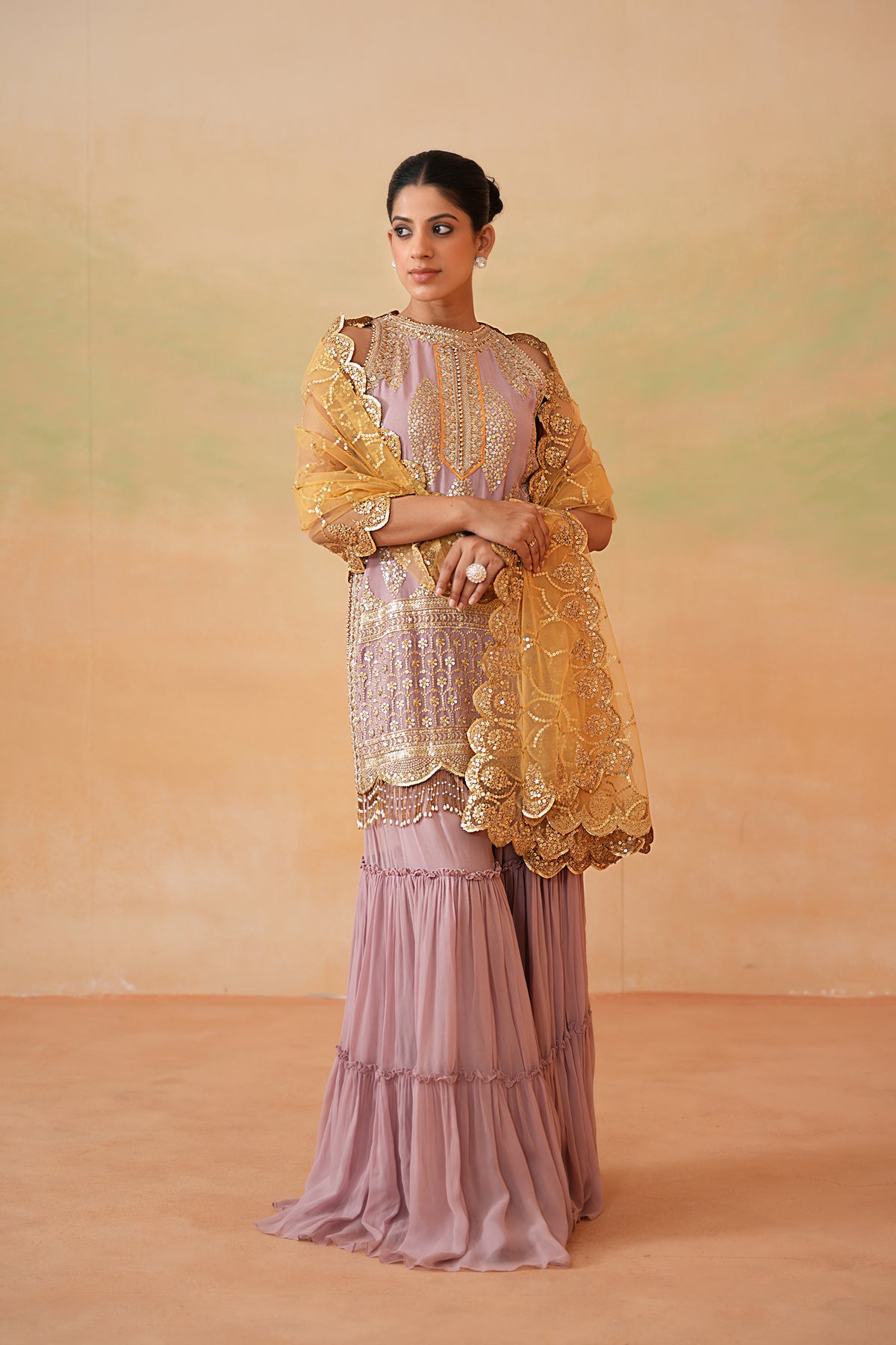 Mauve Ready Fabric Kurti, Garara And Mustard Dupatta