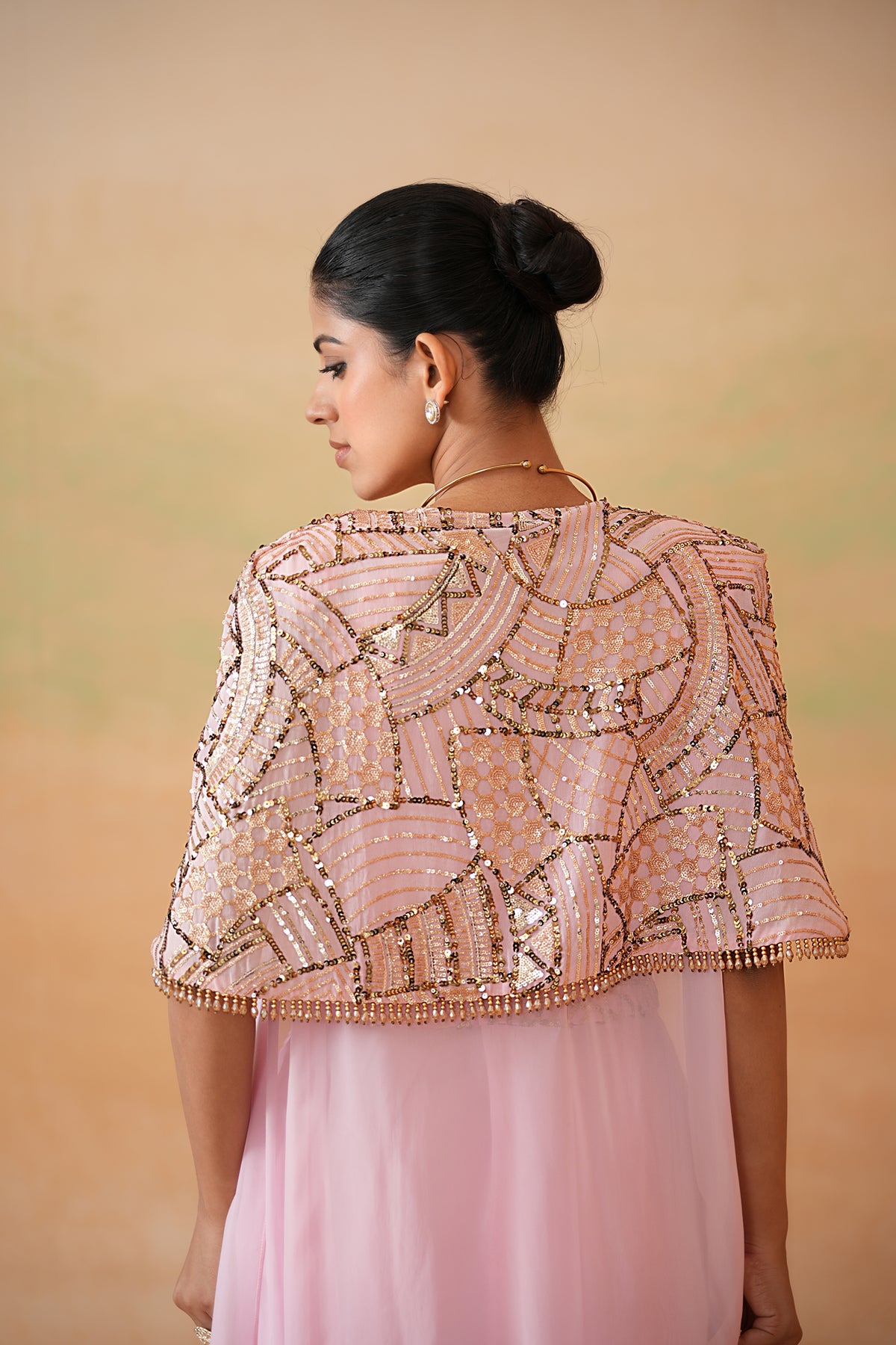 Light Pink Embroidery Blouse, Drape Skirt And Cape