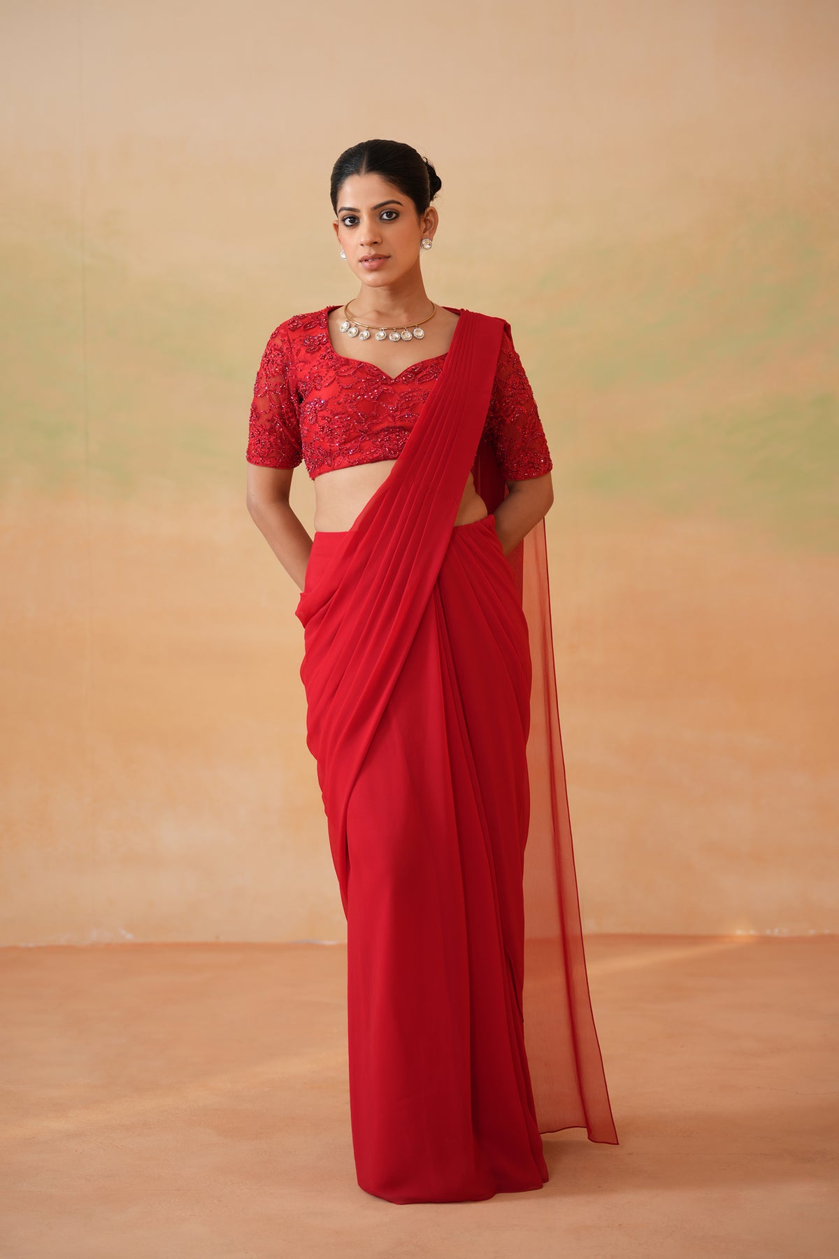 Red Embroidered Blouse And Stitched Saree Set