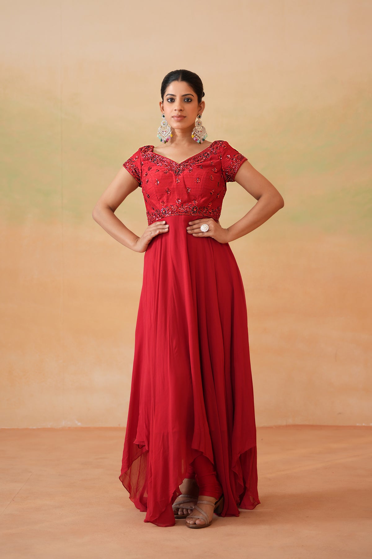 Red Embroidered Handkerchief Anarkali, Churidar And Choker Dupatta