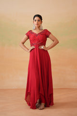 Red Embroidered Handkerchief Anarkali, Churidar And Choker Dupatta