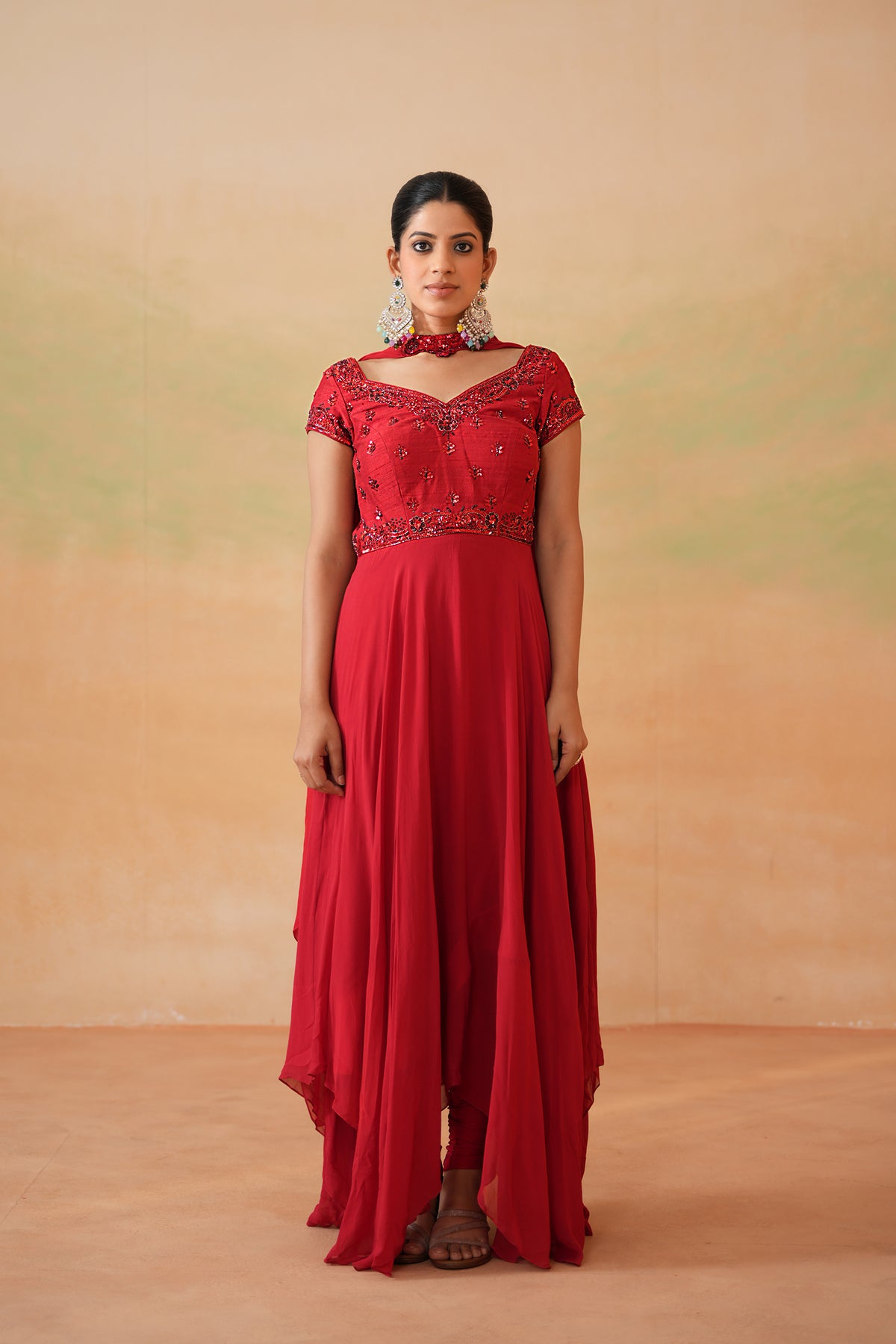 Red Embroidered Handkerchief Anarkali, Churidar And Choker Dupatta