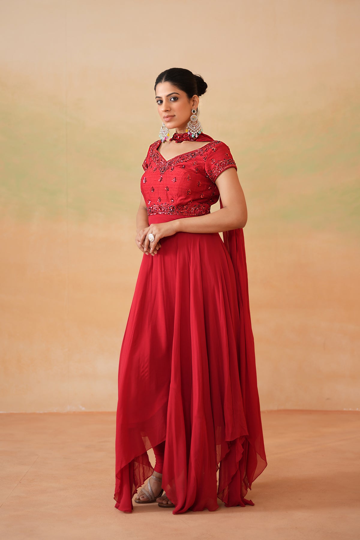 Red Embroidered Handkerchief Anarkali, Churidar And Choker Dupatta