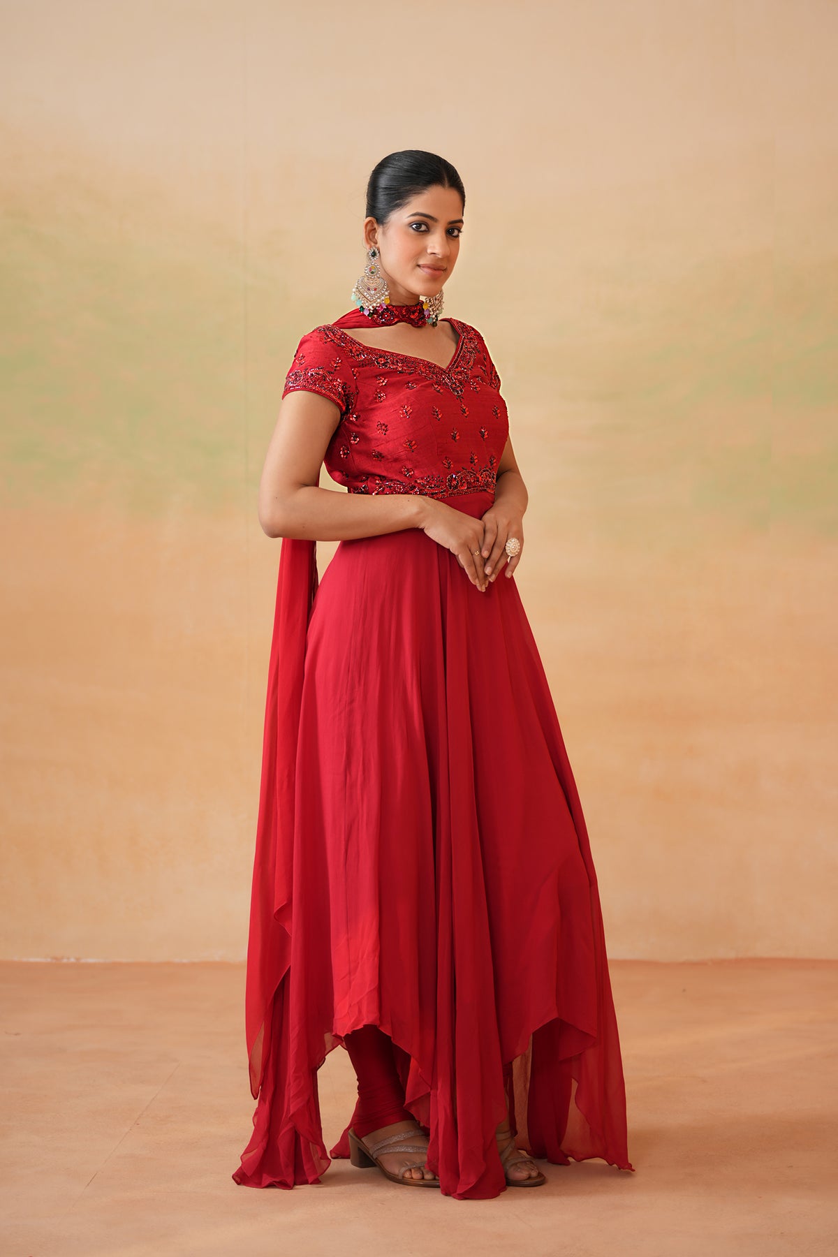 Red Embroidered Handkerchief Anarkali, Churidar And Choker Dupatta