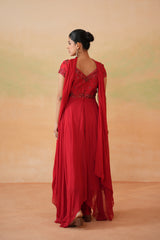 Red Embroidered Handkerchief Anarkali, Churidar And Choker Dupatta