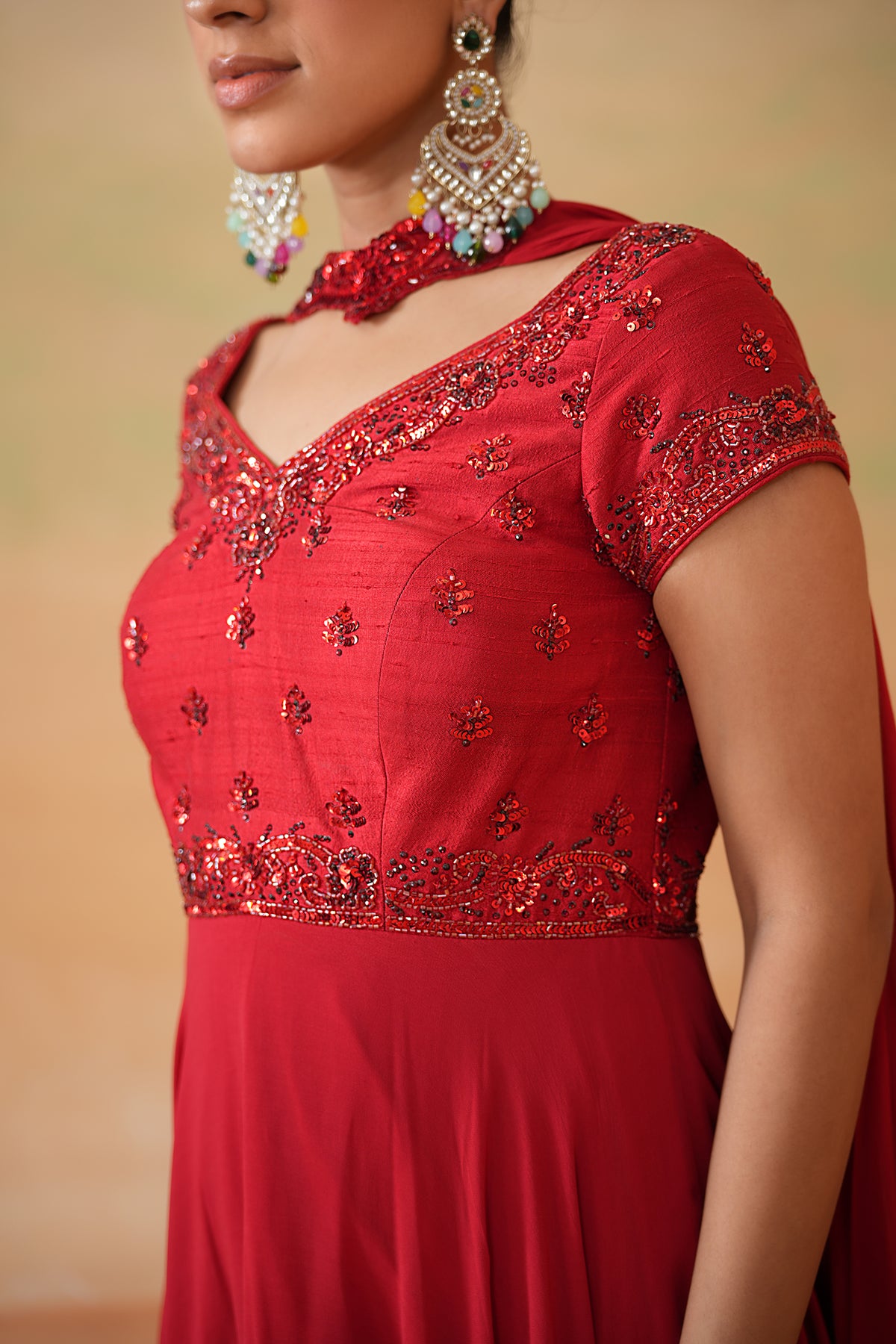 Red Embroidered Handkerchief Anarkali, Churidar And Choker Dupatta