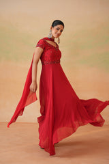 Red Embroidered Handkerchief Anarkali, Churidar And Choker Dupatta