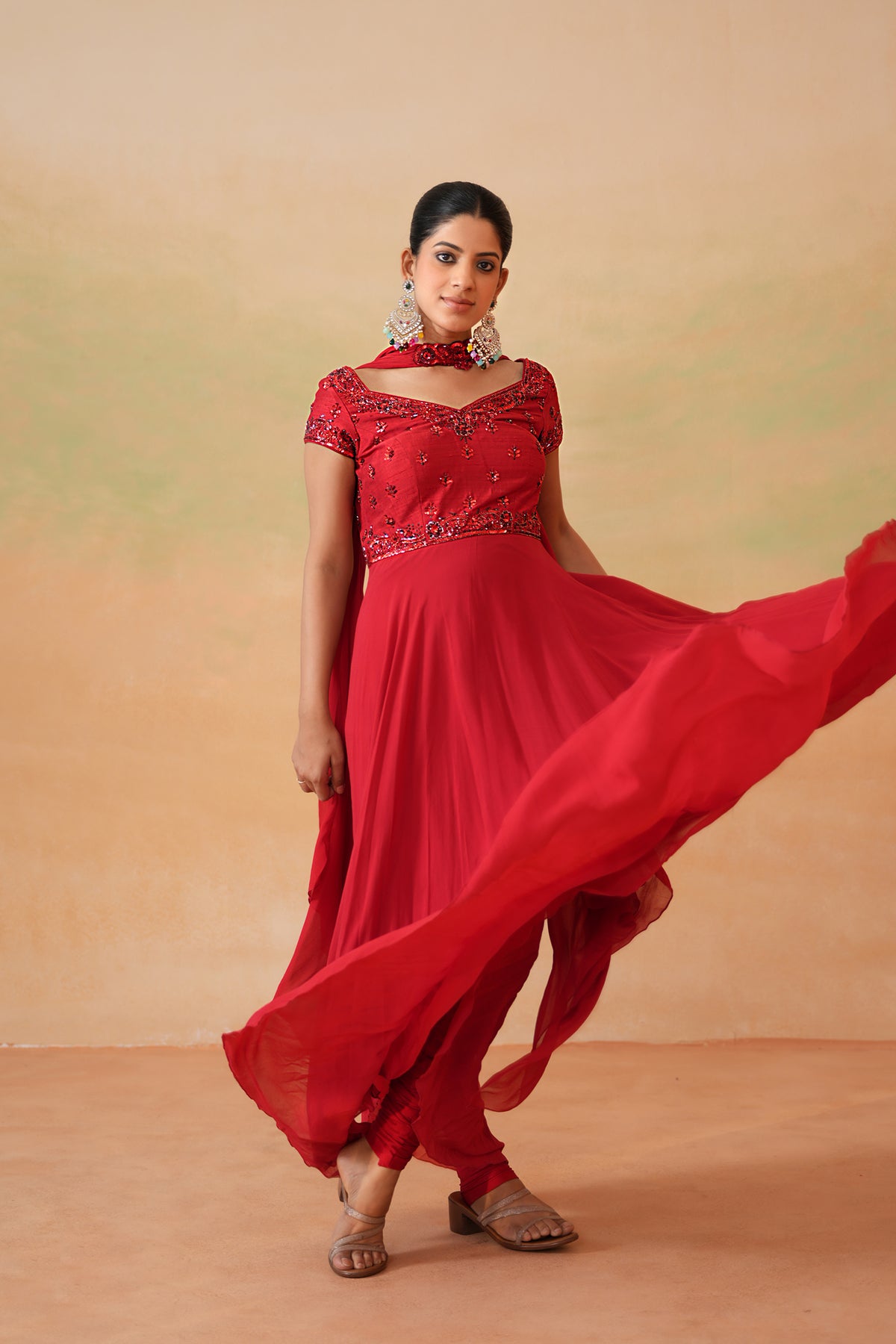 Red Embroidered Handkerchief Anarkali, Churidar And Choker Dupatta