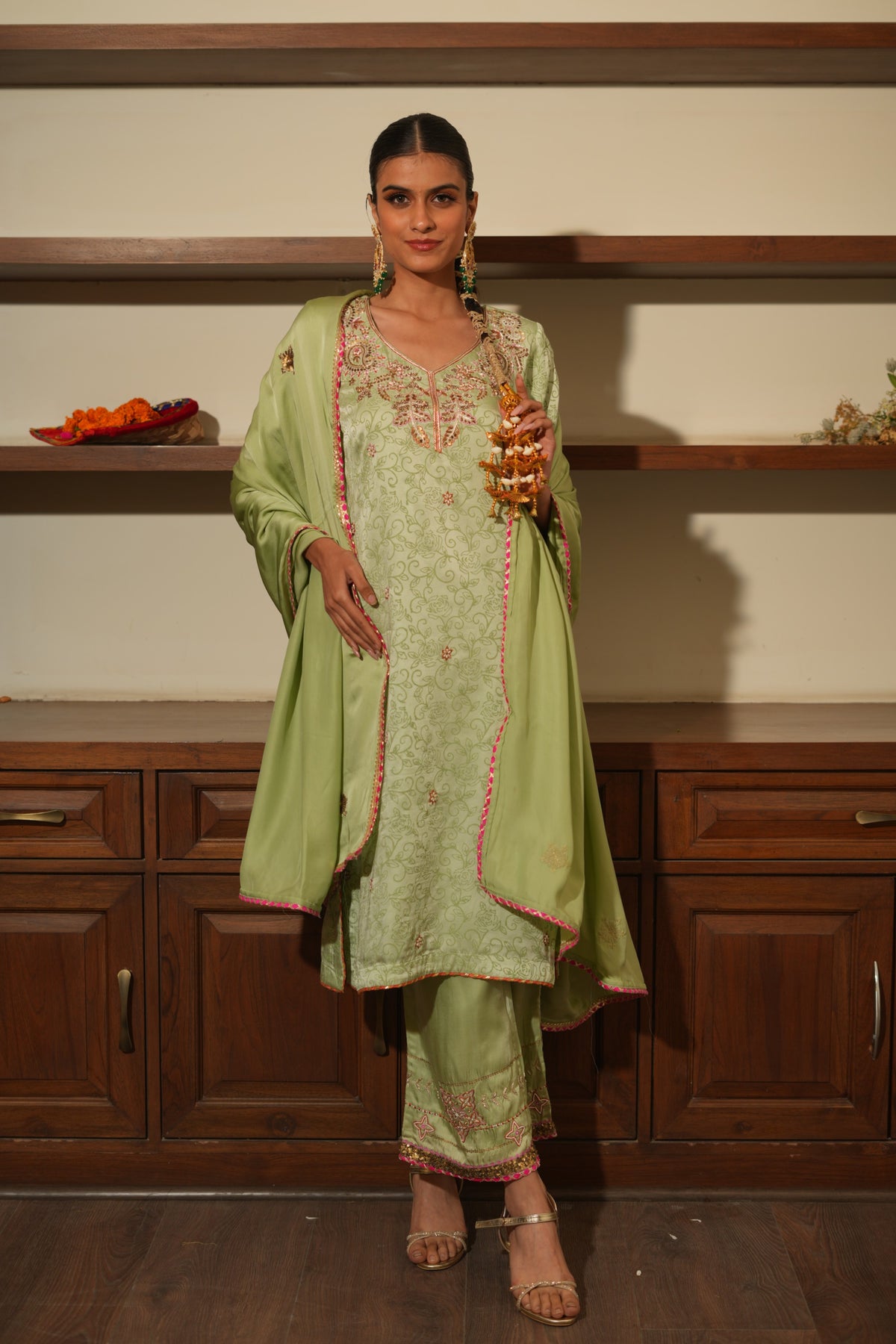 Green Silk Embroidered Kurta Set with Dupatta