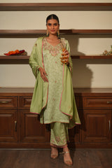 Green Silk Embroidered Kurta Set with Dupatta