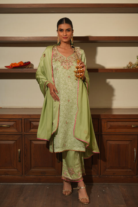 Green Silk Embroidered Kurta Set with Dupatta