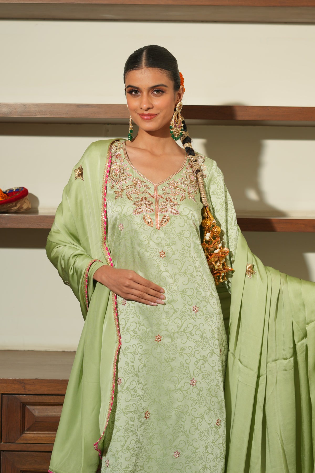 Green Silk Embroidered Kurta Set with Dupatta