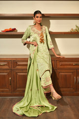 Green Silk Embroidered Kurta Set with Dupatta