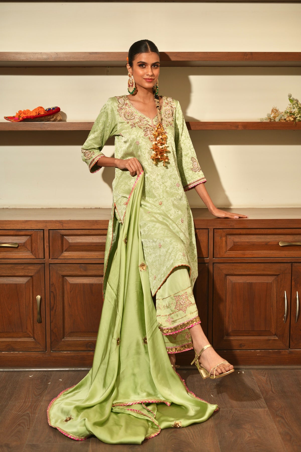 Green Silk Embroidered Kurta Set with Dupatta