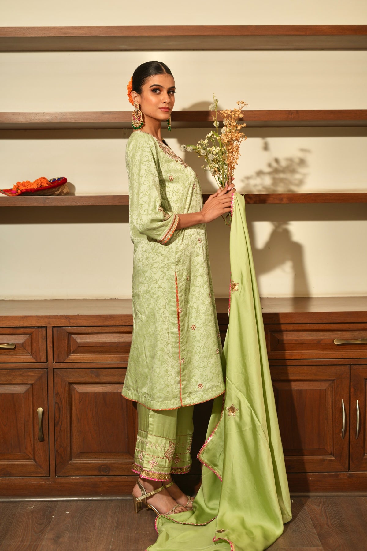 Green Silk Embroidered Kurta Set with Dupatta
