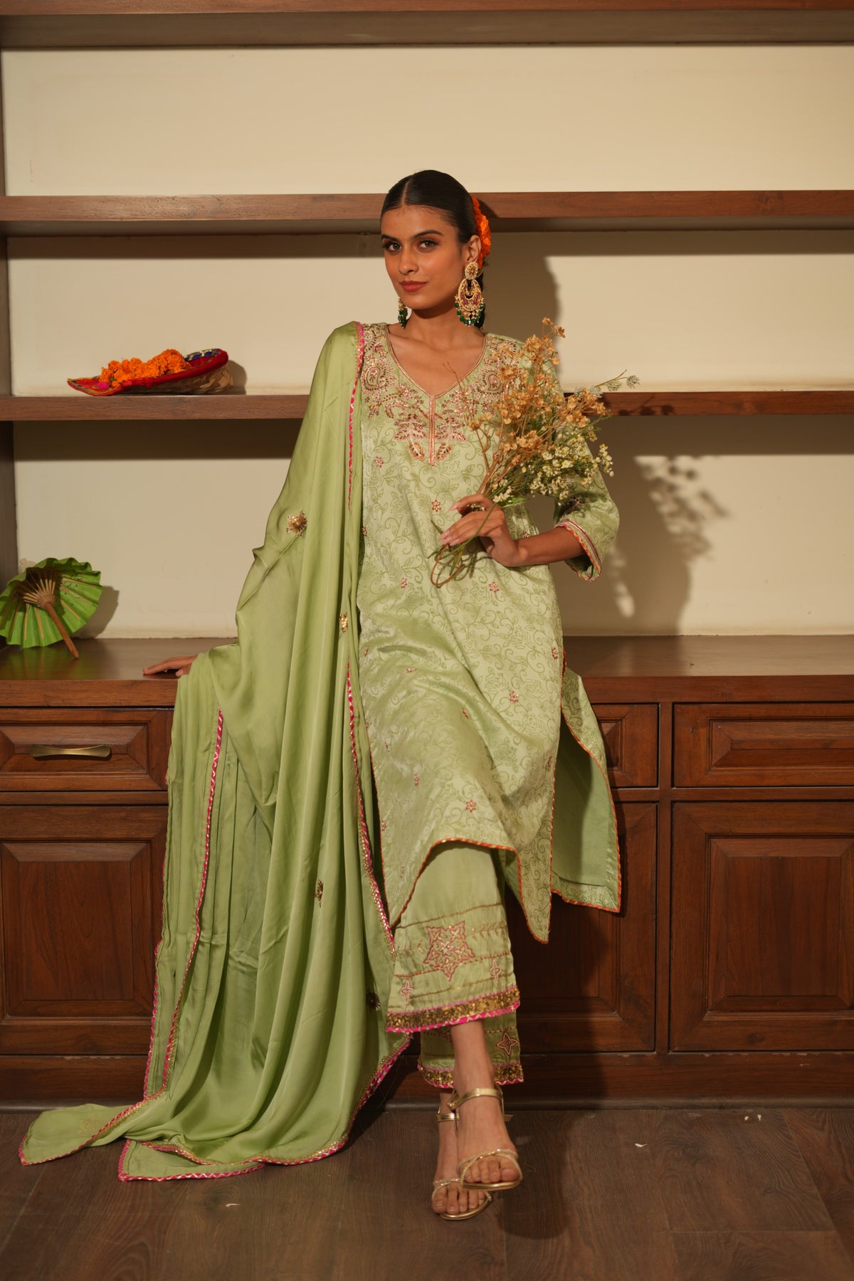 Green Silk Embroidered Kurta Set with Dupatta