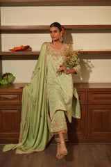 Green Silk Embroidered Kurta Set with Dupatta