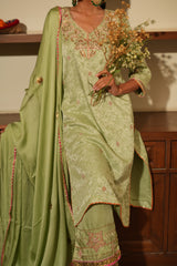 Green Silk Embroidered Kurta Set with Dupatta