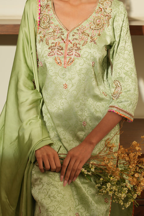 Green Silk Embroidered Kurta Set with Dupatta