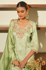 Green Silk Embroidered Kurta Set with Dupatta