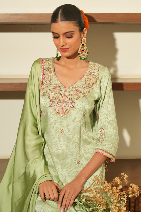 Green Silk Embroidered Kurta Set with Dupatta