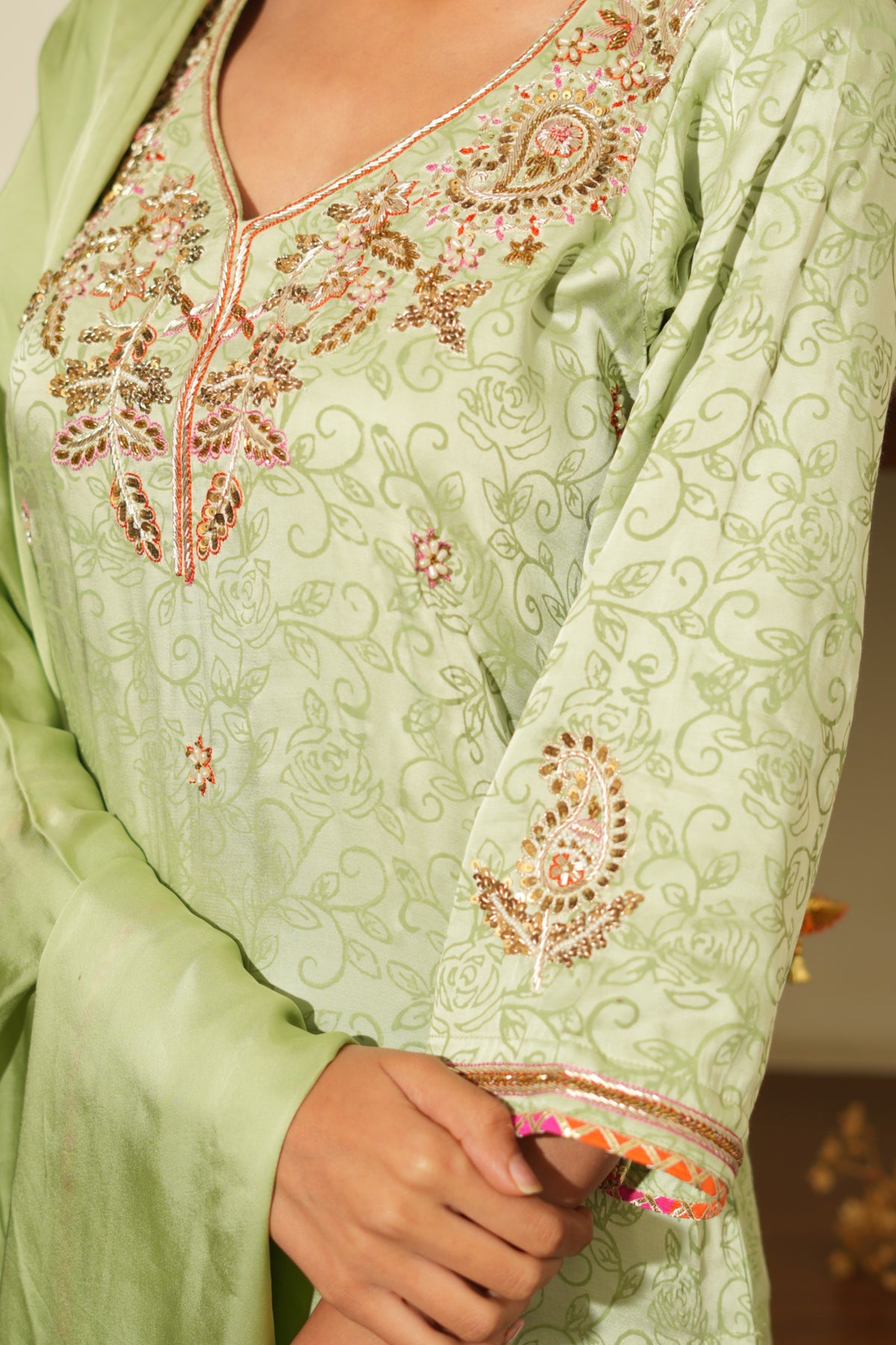 Green Silk Embroidered Kurta Set with Dupatta