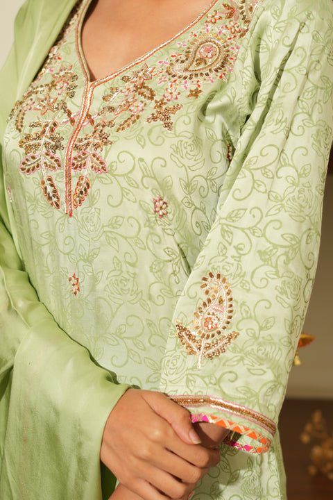 Green Silk Embroidered Kurta Set with Dupatta