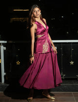 Maroon Hand Embroidered Blazer With Skirt Set