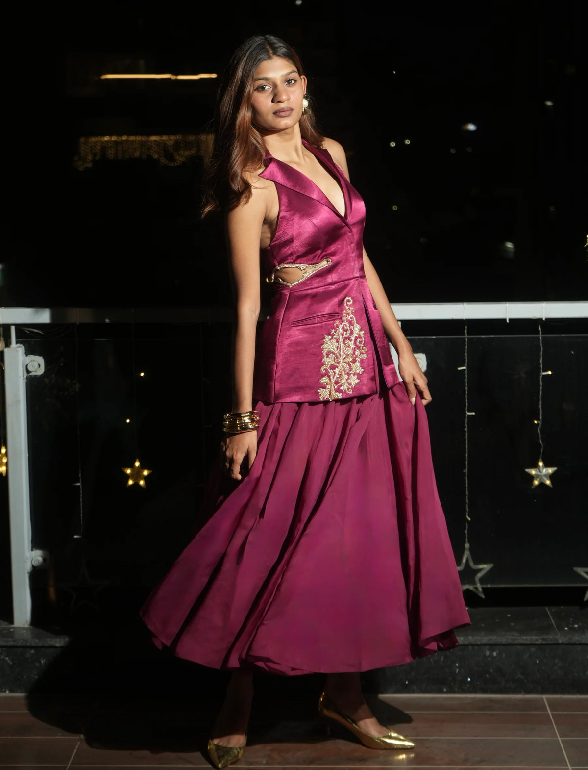 Maroon Hand Embroidered Blazer With Skirt Set