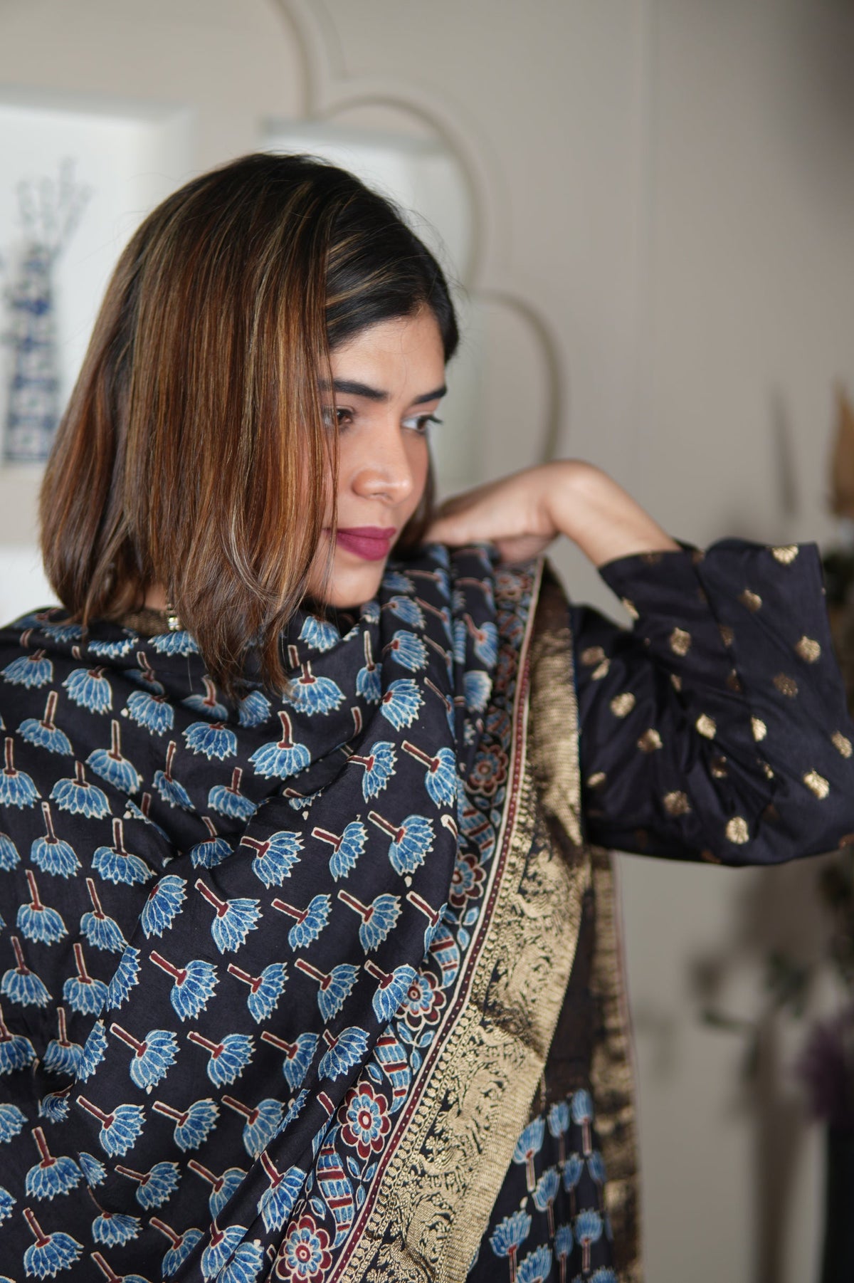 Neel Ajrakh Kurta Pants And Dupatta Set
