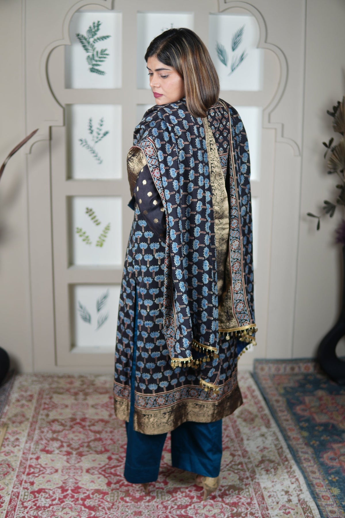 Neel Ajrakh Kurta Pants And Dupatta Set