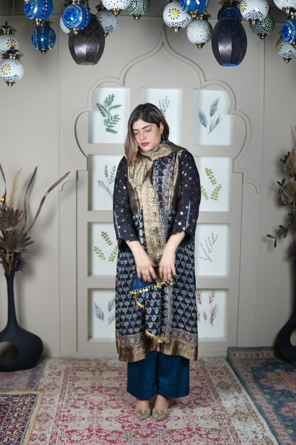 Neel Ajrakh Kurta Pants And Dupatta Set