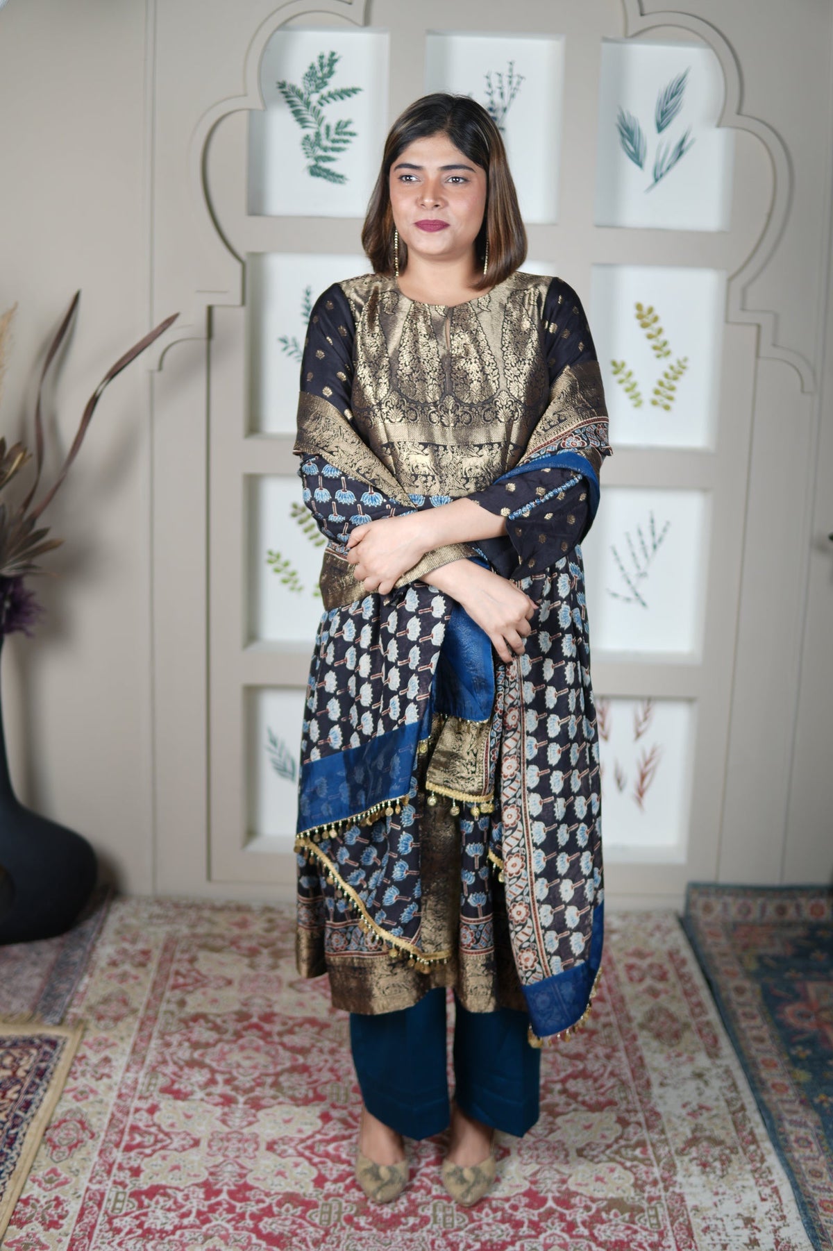 Neel Ajrakh Kurta Pants And Dupatta Set