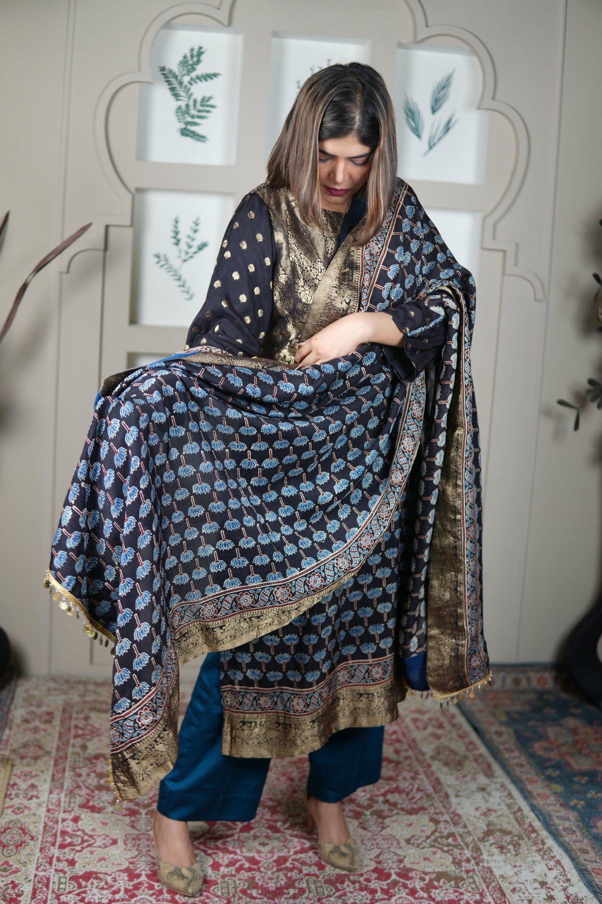 Neel Ajrakh Kurta Pants And Dupatta Set