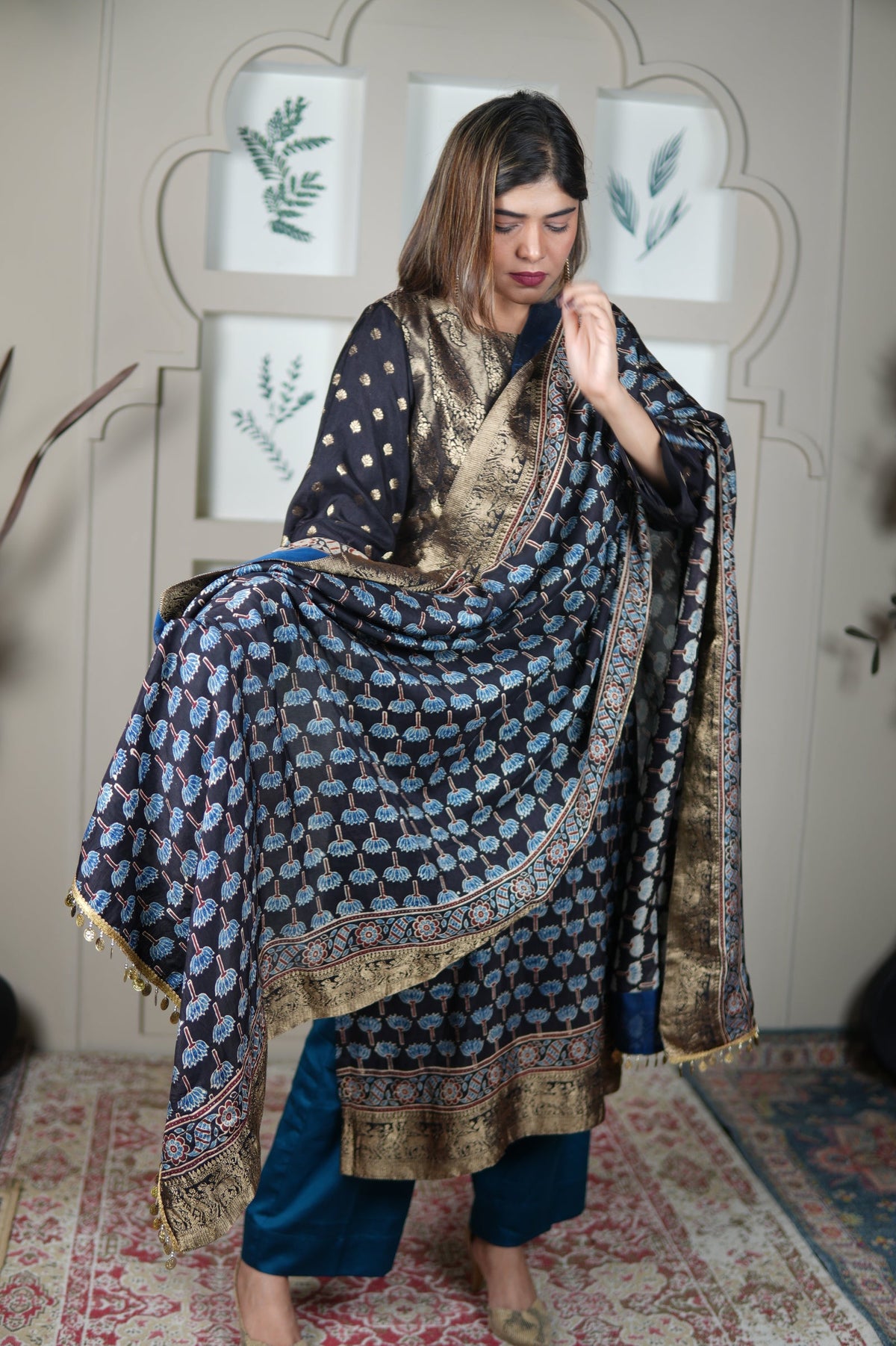 Neel Ajrakh Kurta Pants And Dupatta Set