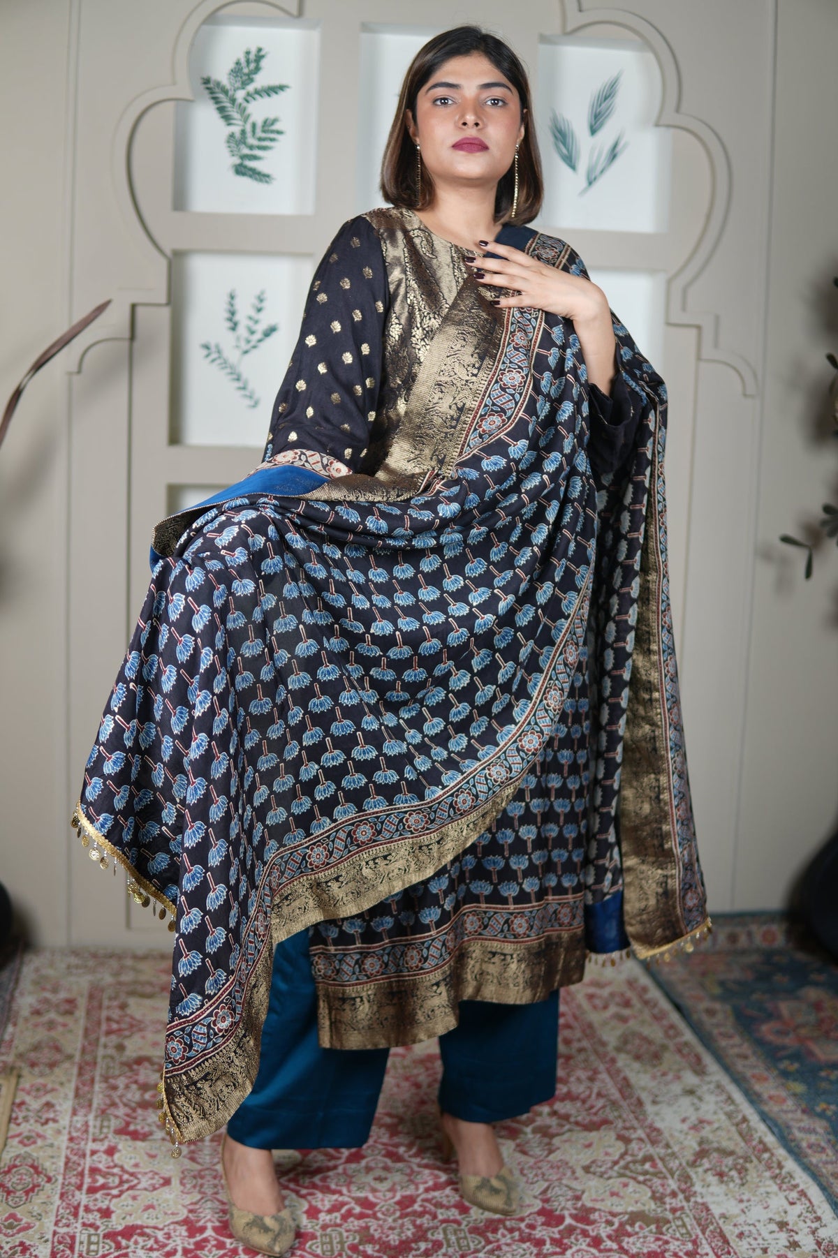 Neel Ajrakh Kurta Pants And Dupatta Set