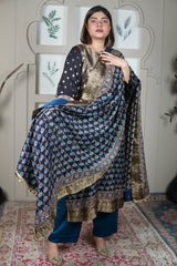 Neel Ajrakh Kurta Pants And Dupatta Set