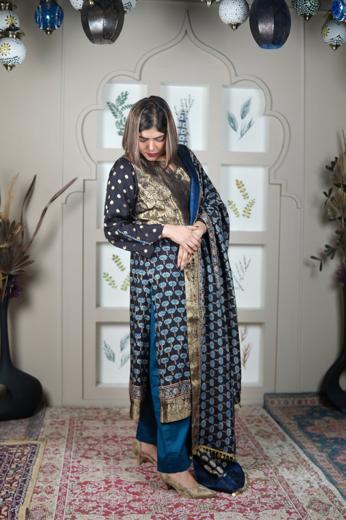 Neel Ajrakh Kurta Pants And Dupatta Set