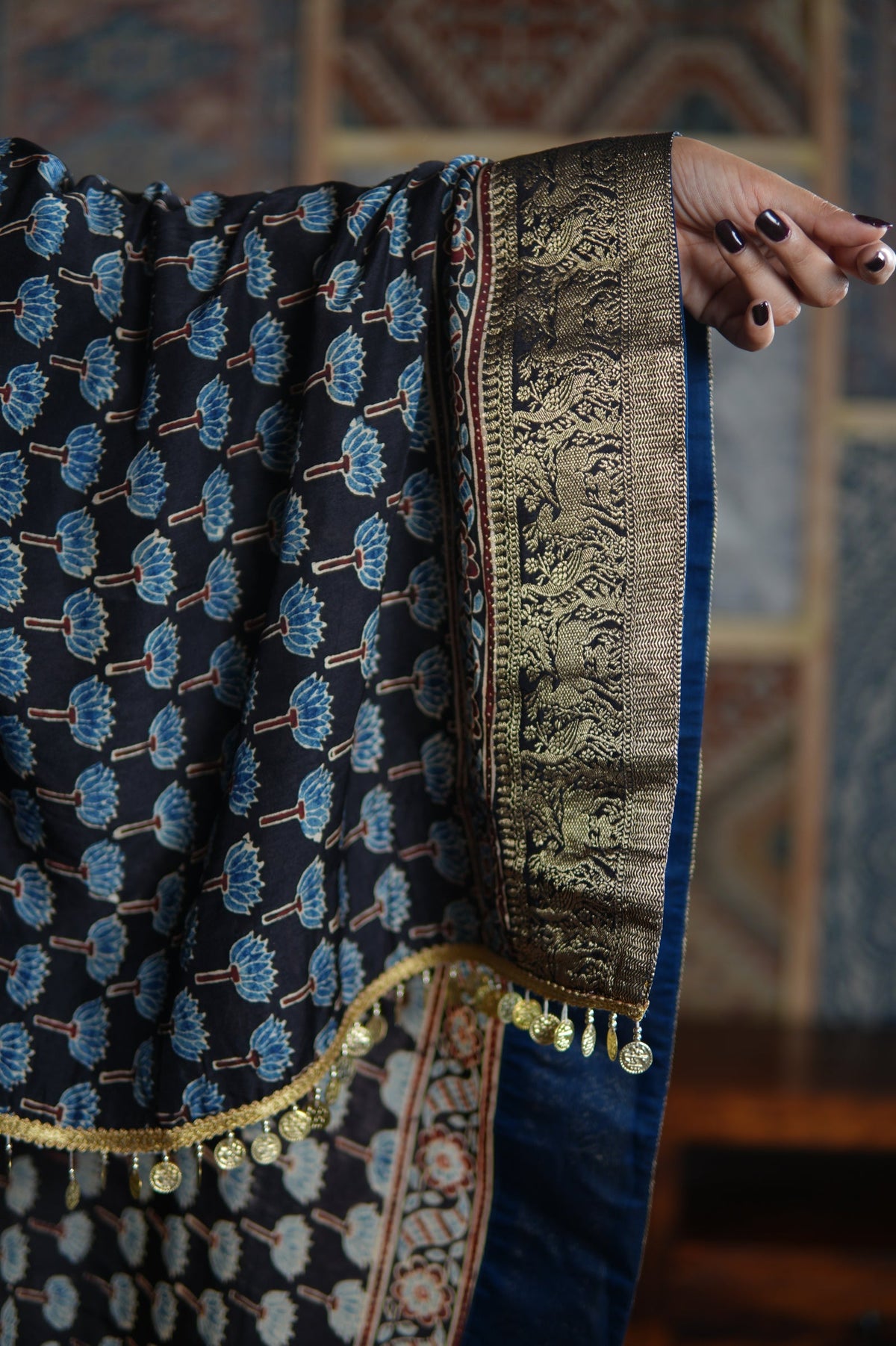 Neel Ajrakh Kurta Pants And Dupatta Set