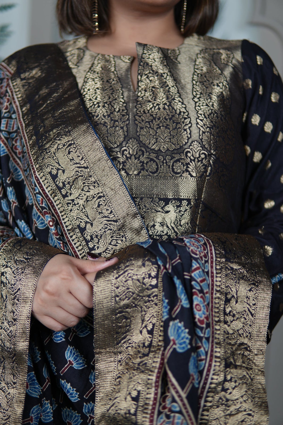 Neel Ajrakh Kurta Pants And Dupatta Set