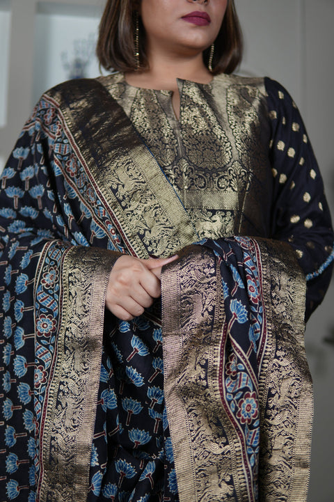 Neel Ajrakh Kurta Pants And Dupatta Set