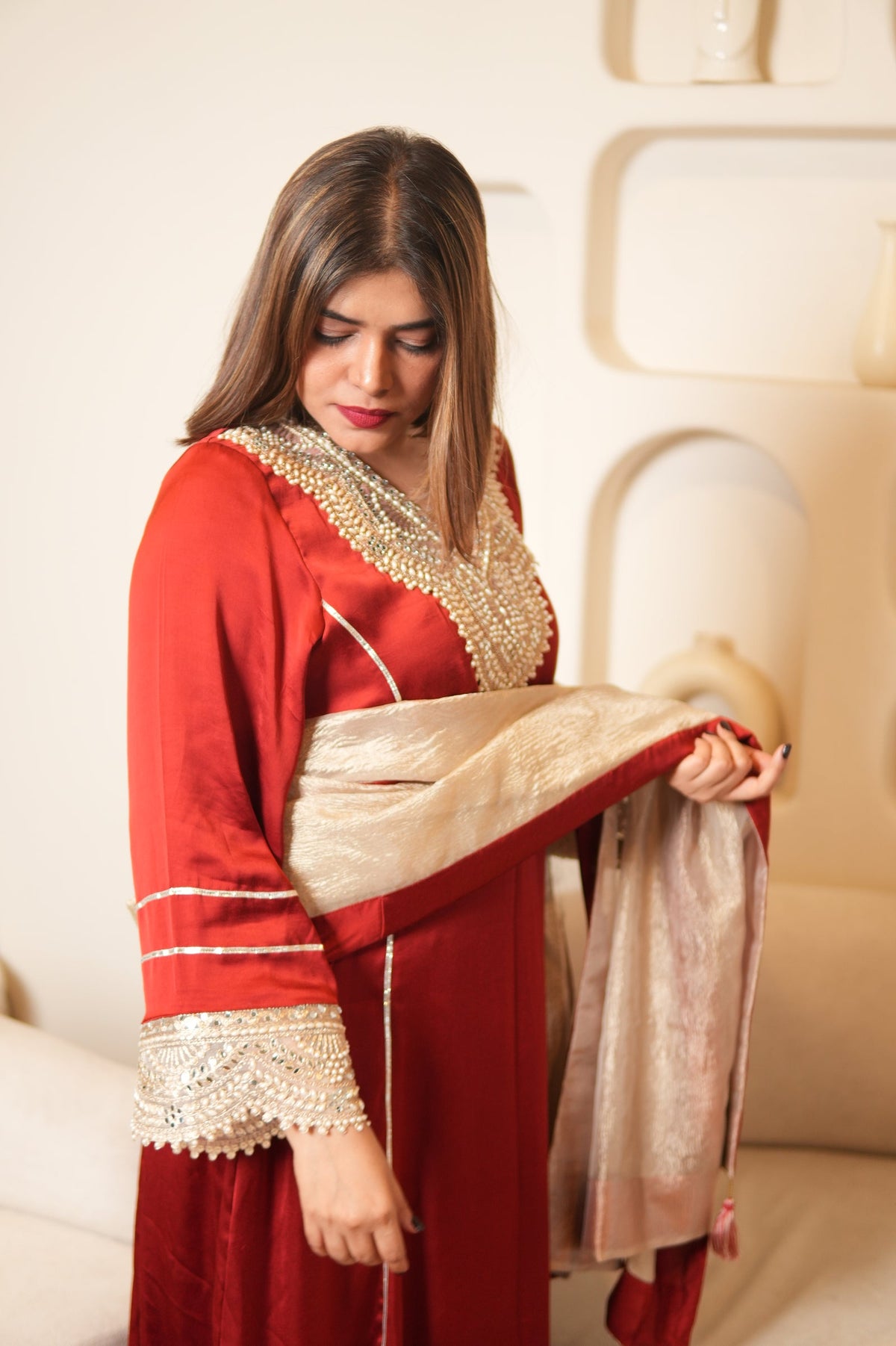 Noor-E-Gul Ruby Red Embellished Kurta Set