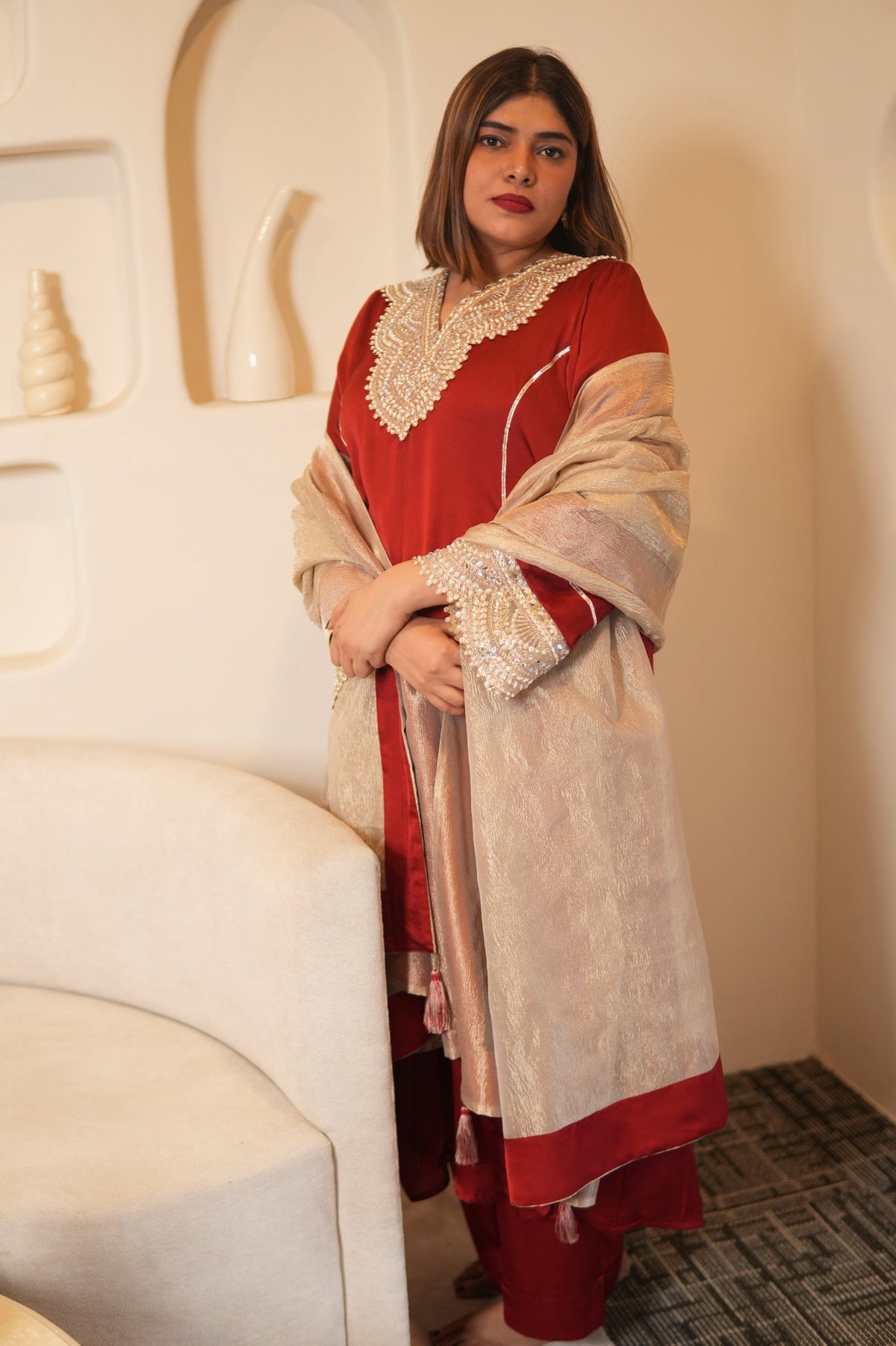 Noor-E-Gul Ruby Red Embellished Kurta Set