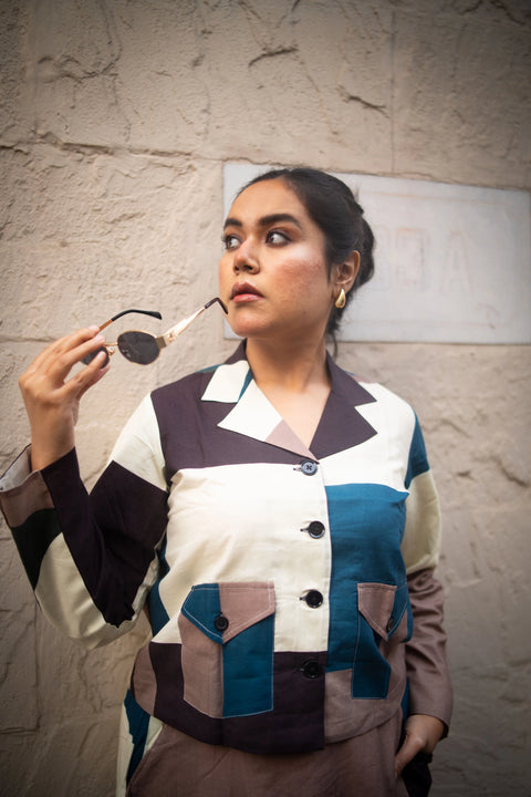 Peacock And Offwhite Geometric Printed Jacket And Skirt