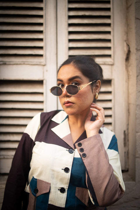 Peacock And Offwhite Geometric Printed Jacket And Skirt