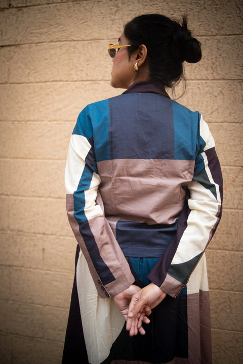 Peacock And Offwhite Geometric Printed Jacket And Skirt