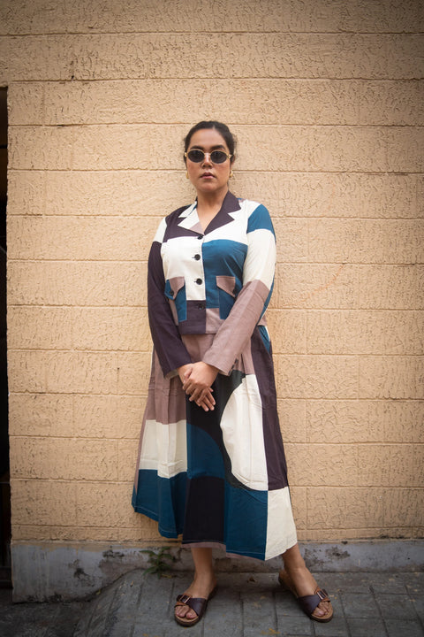 Peacock And Offwhite Geometric Printed Jacket And Skirt