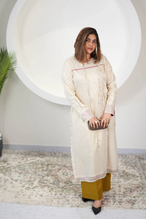 Sehaj Chanderi Silk Angrakha Tunic With Golden Mashru Silk Pants