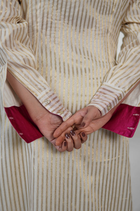 Sehaj Chanderi Silk Angrakha Tunic With Golden Mashru Silk Pants